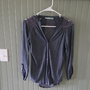 Gray Lace-Shoulder Button-Up Top